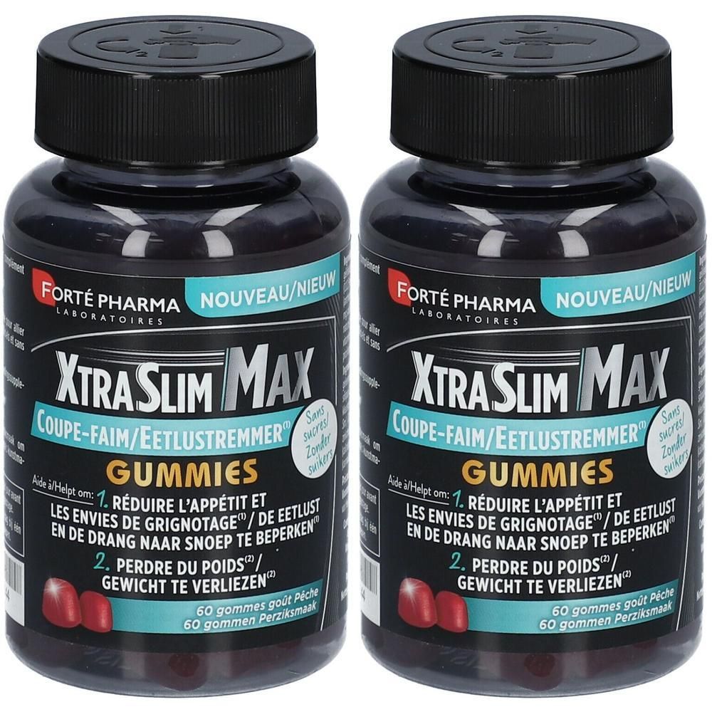 Deux flacons de FORTE PHARMA Xtra Slim Max Coupe-Faim Gummibärchen. Bouchons noirs, étiquettes avec informations. 60 gommes par flacon.
