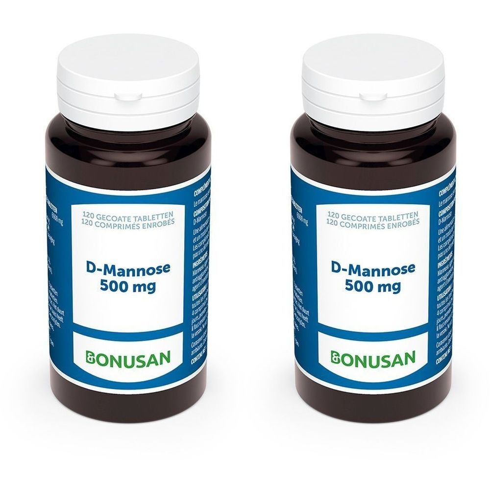 Deux flacons avec bouchons blancs. Les étiquettes indiquent "D-Mannose 500 mg" et "BONUSAN".