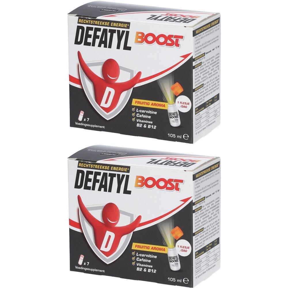 Deux boîtes de Defatyl-Boost. Inscription : "Rechtstreekse Energie". Contient L-Carnitine, caféine, vitamines B2 & B12. 105 ml.