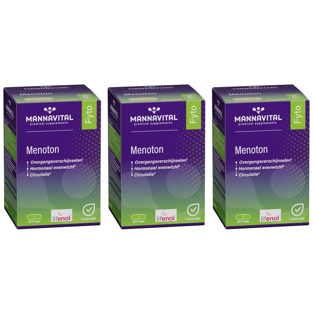 Trois boîtes avec le nom du produit Menoton. Chaque boîte porte le nom MannaVital et d'autres informations.