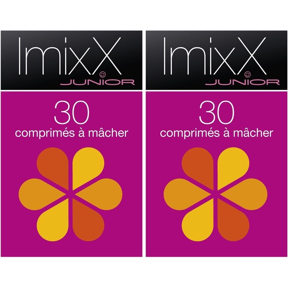 Deux boîtes IMIXX JUNIOR®, 30 comprimés à mâcher. Emballage rose avec motif floral.