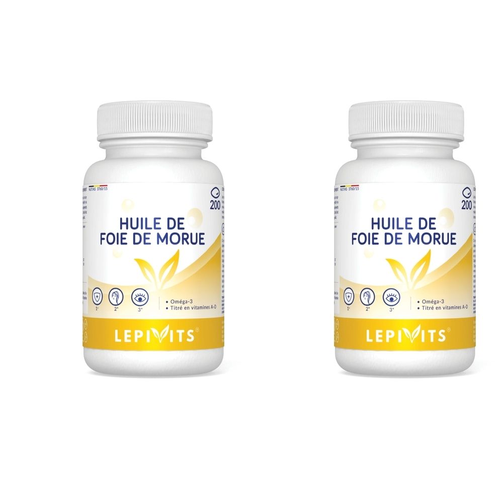 Deux flacons blancs avec bouchon à vis. Inscription: HUILE DE FOIE DE MORUE, LEPIVITS. Étiquette jaune avec motif de feuille et symboles.