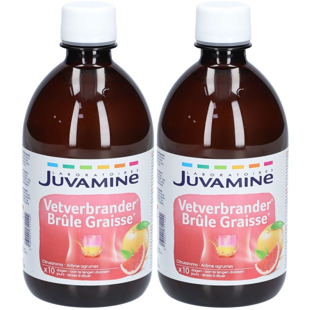 Deux bouteilles de JUVAMINE Fat Burner. Bouteilles marron avec bouchon blanc. Étiquette avec nom du produit et pamplemousse.