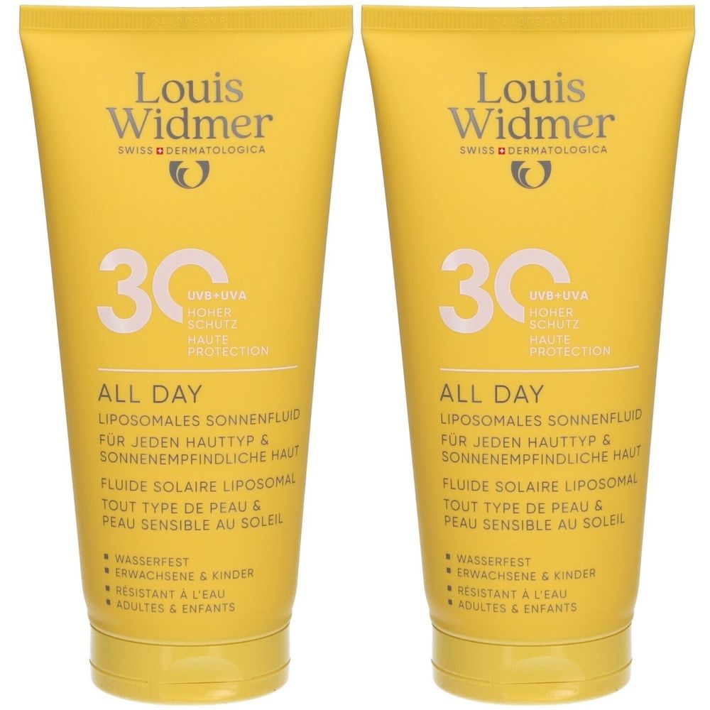 Deux tubes jaunes Louis Widmer All Day SPF30. Inscription: 30, UVB+UVA, protection solaire, All Day, fluide solaire.