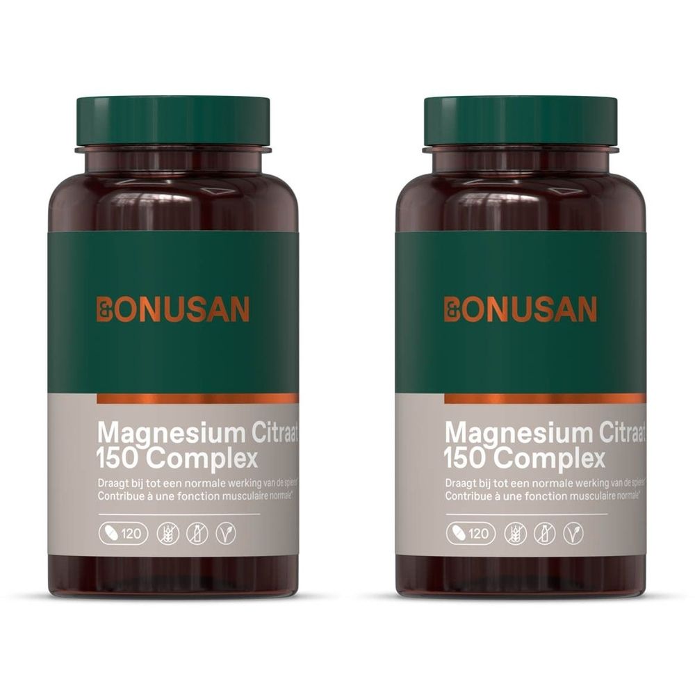 Deux flacons de BONUSAN Magnesium Citrat 150 Complex. Étiquettes vertes avec informations.