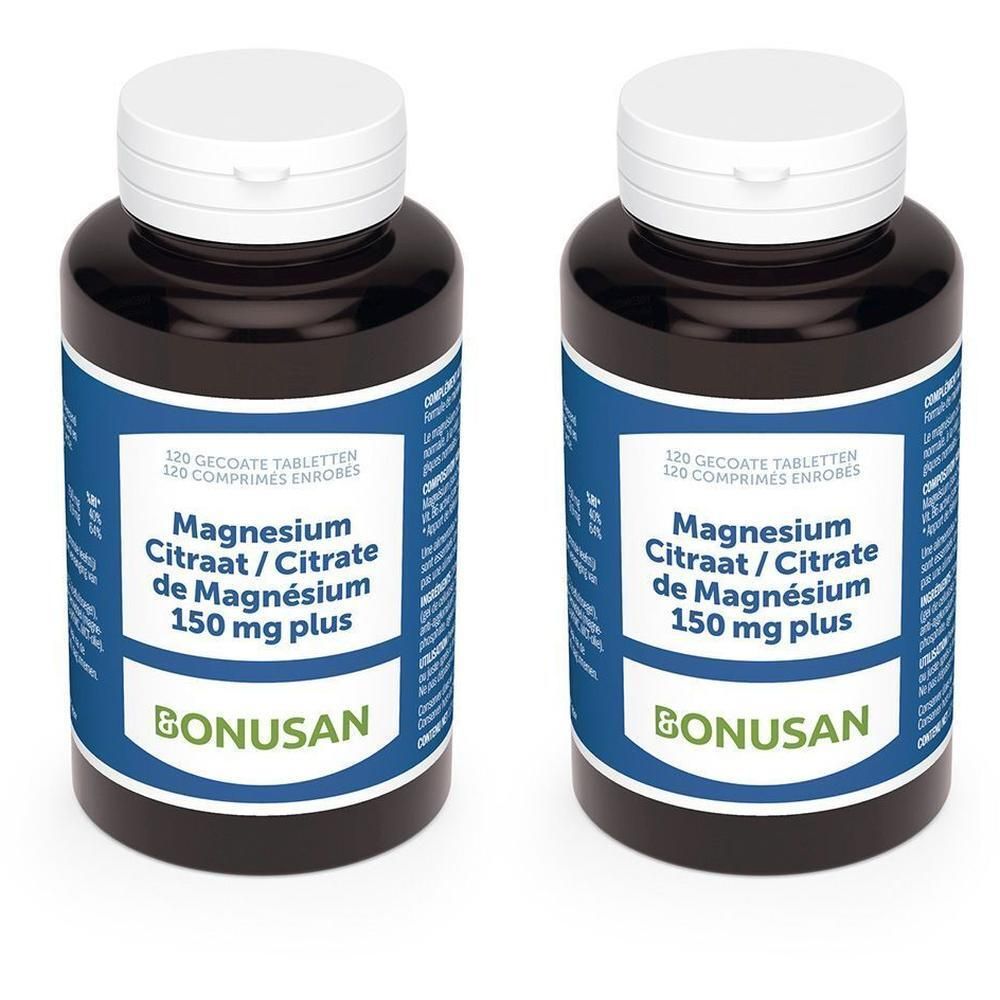 Deux flacons de BONUSAN Citrate de magnésium 150 mg plus. Étiquettes bleues avec informations.