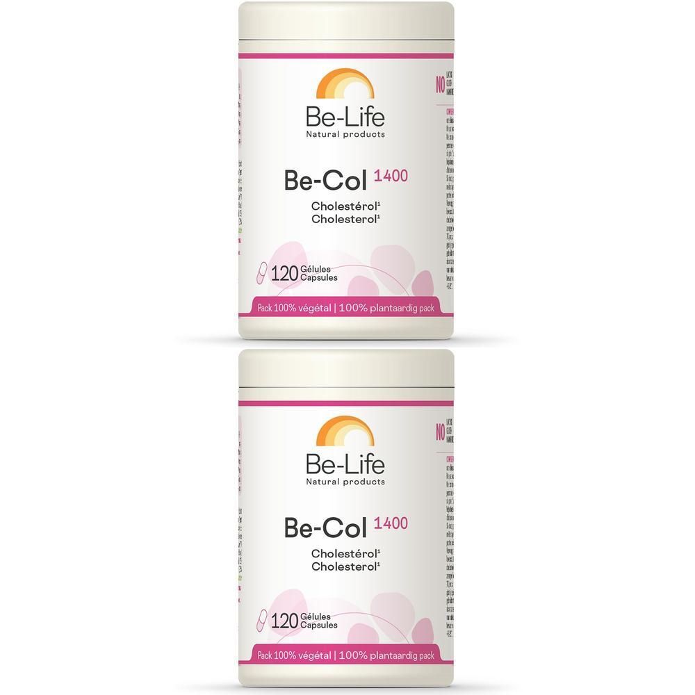 Deux boîtes blanches avec étiquettes roses. Inscription: Be-Life Be-Col 1400, 120 gélules. Végétal.