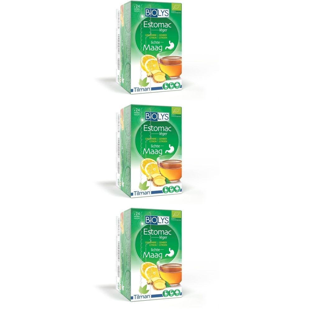Trois boîtes vertes. Visibles : BIOLYS, Estomac, gingembre, citron, logo bio. Image d'un verre et de tranches.