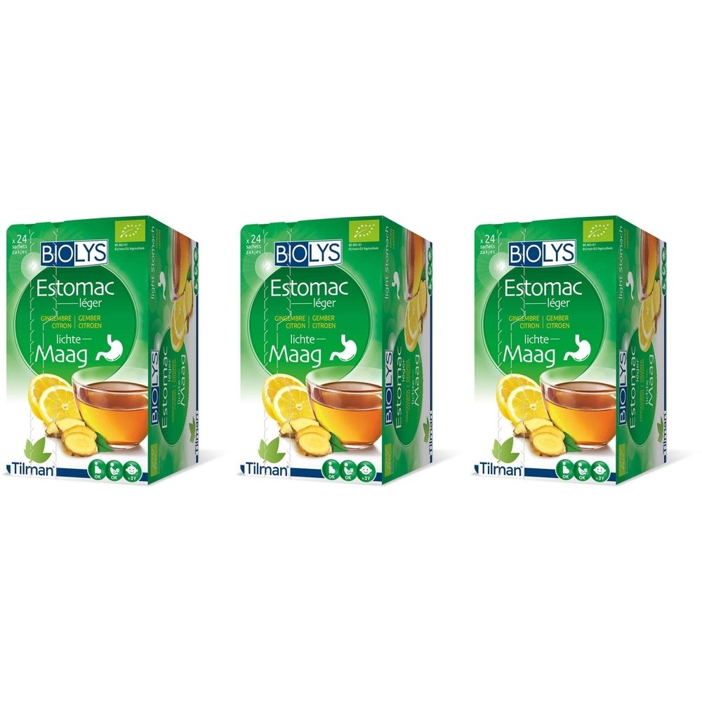 Trois boîtes vertes. Visibles : BIOLYS, Estomac, gingembre, citron, logo bio. Image d'un verre et de tranches.