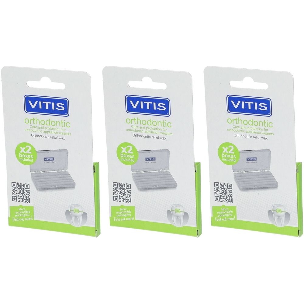 Trois emballages de cire orthodontique VITIS® avec support. Chaque emballage contient deux boîtes de cire.