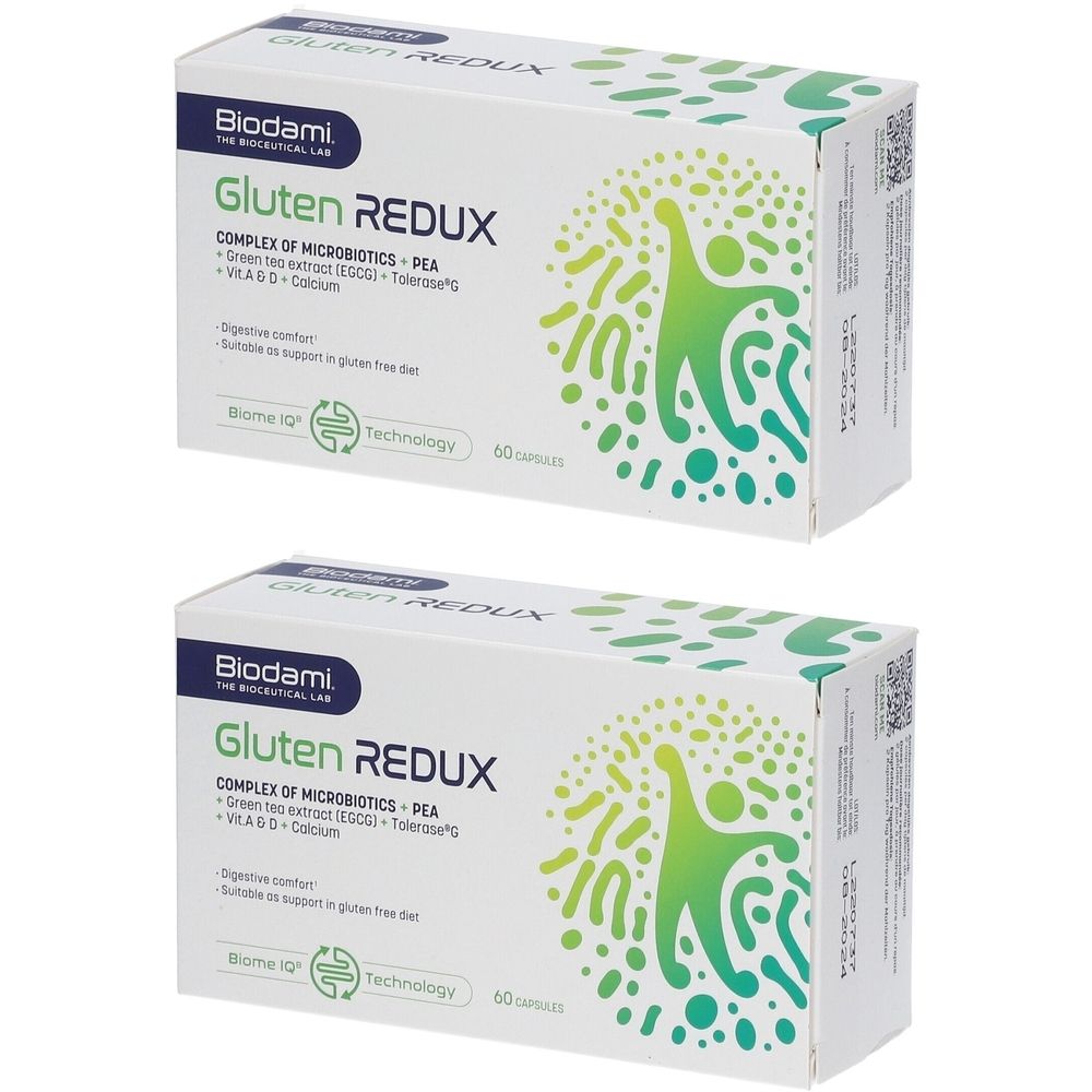 Deux boîtes de Biodami Gluten Redux. Emballage blanc avec accents verts et bleus. Texte: Gluten Redux, 50 gélules.