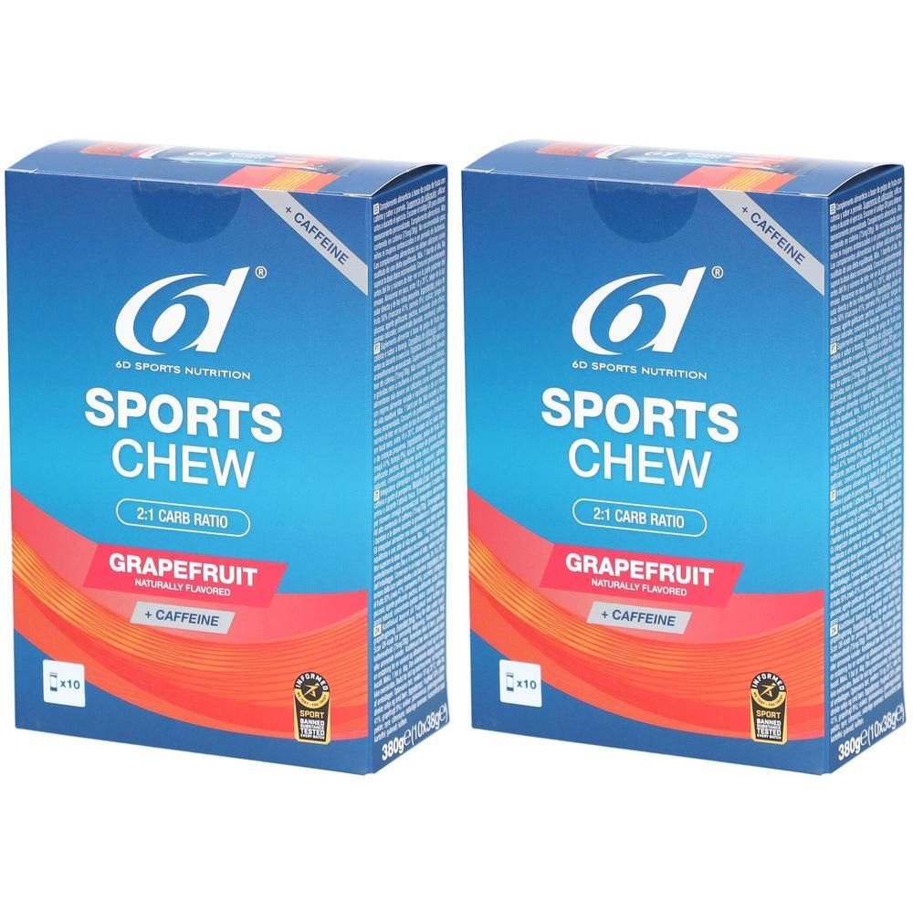 Deux boîtes de 6d Sports Chew. Emballage bleu avec logo et informations produit. Goût pamplemousse, caféine.