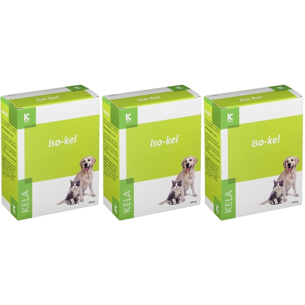 Trois boîtes avec l'inscription "Iso-kel". Un chien et un chat sont représentés sur chaque boîte. Le logo "K" est en haut à gauche.