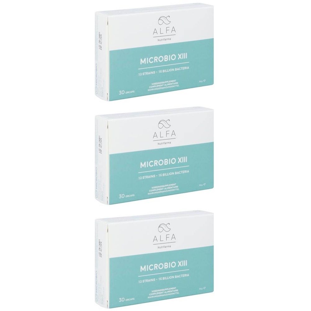 Trois boîtes avec impression produit. En haut: marque Alfa, nom Microbio XIII, 30 unités.