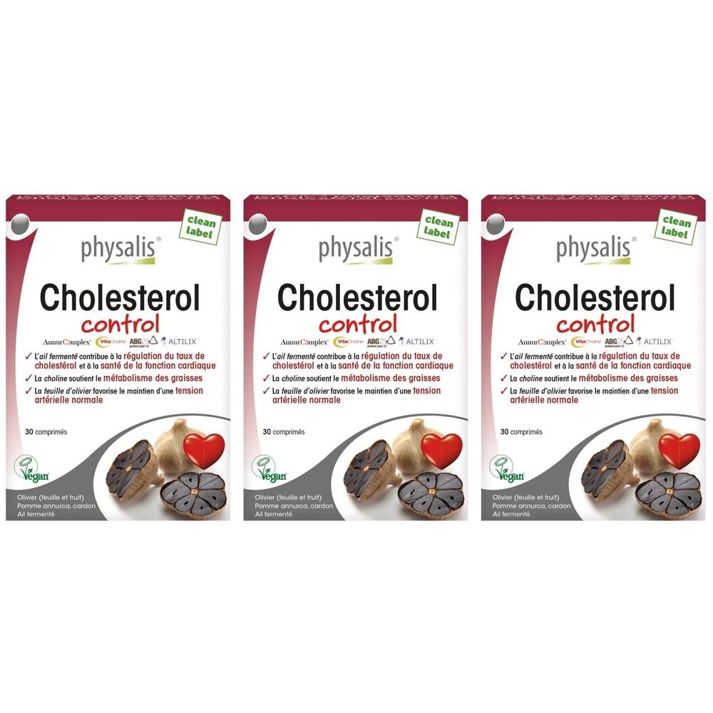 Trois boîtes Physalis Cholesterol control. Emballage rouge avec nom et logo du produit. 30 comprimés.
