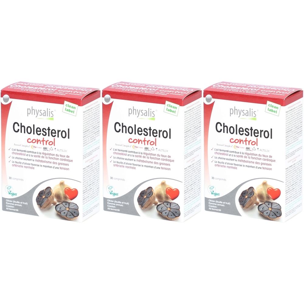 Trois boîtes Physalis Cholesterol control. Emballage rouge et blanc avec nom et logo du produit. Vegan.