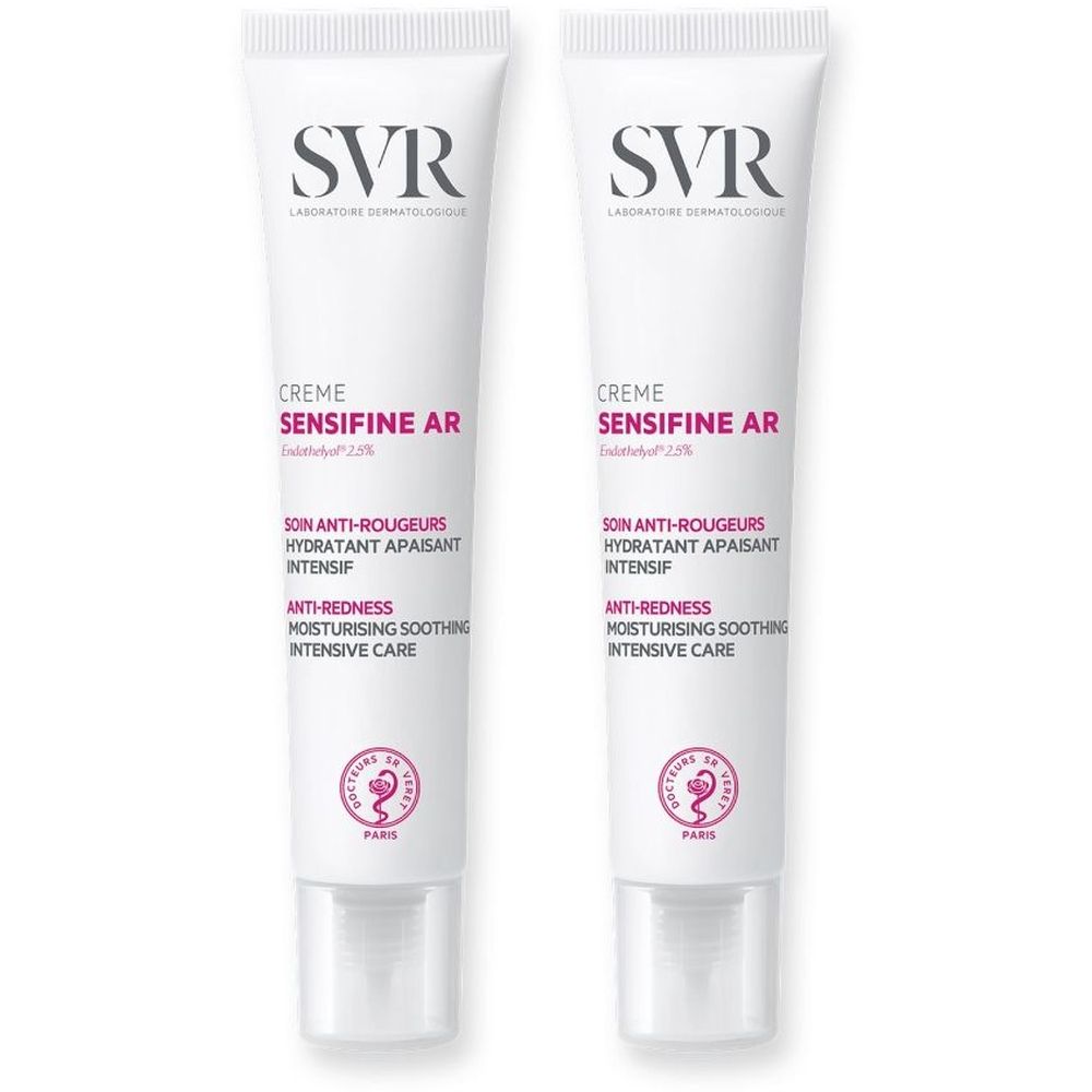 Deux tubes de crème blanche, texte rouge. Inscription: SVR, SENSIFINE AR, Crème. 40ml.