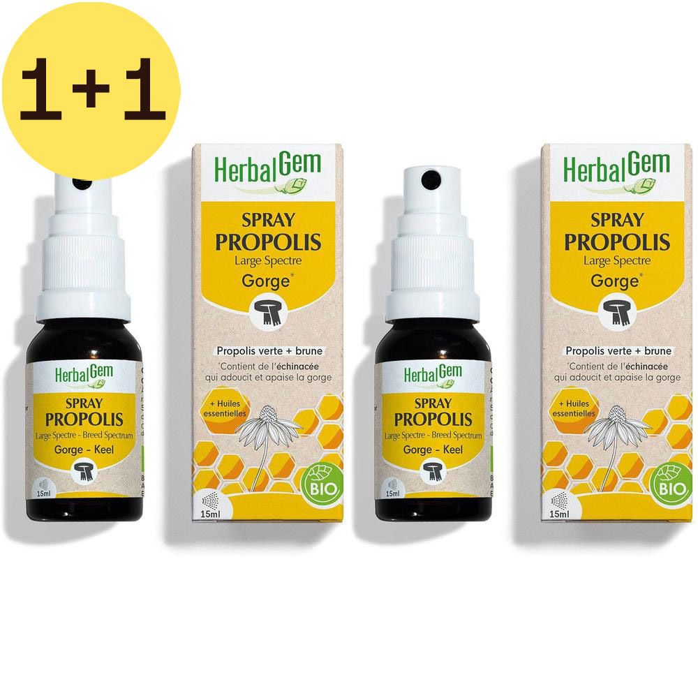 Trois flacons de spray PROPOLIS HerbalGem, avec emballage. Flacons noirs avec pulvérisateur blanc. Inscription : PROPOLIS Spray, BIO.