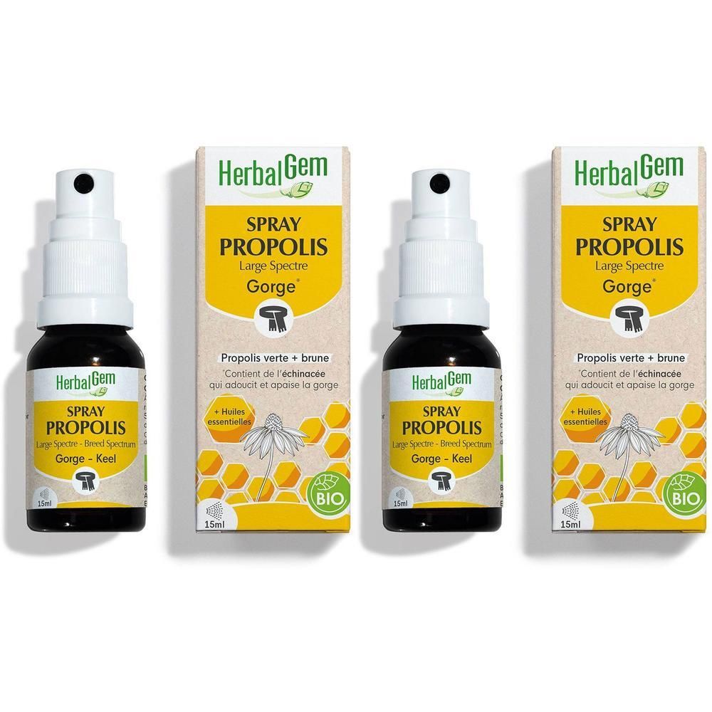 Trois flacons de spray PROPOLIS HerbalGem, avec emballage. Flacons noirs avec pulvérisateur blanc. Inscription : PROPOLIS Spray, BIO.