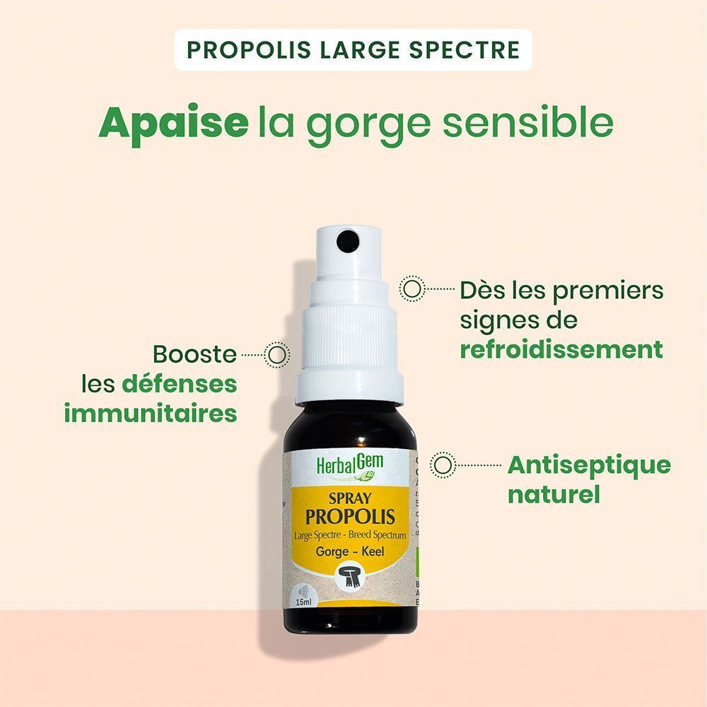 Spray PROPOLIS Large Spectre. Flacon avec pulvérisateur blanc. Texte : Apaise la gorge sensible, booste les défenses immunitaires, antiseptique naturel.