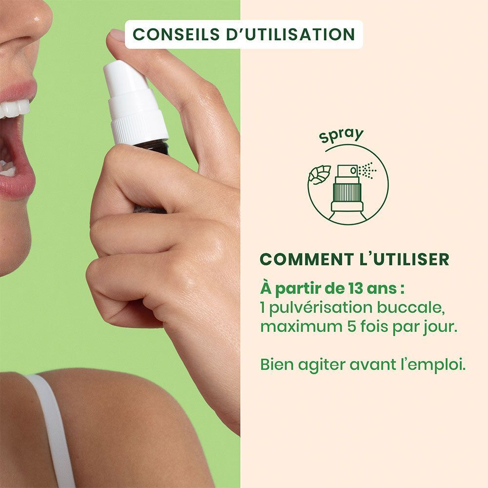 Conseils d'utilisation : À partir de 13 ans : 1 pulvérisation buccale, maximum 5 fois par jour. Bien agiter avant emploi. Symbole de pulvérisation.