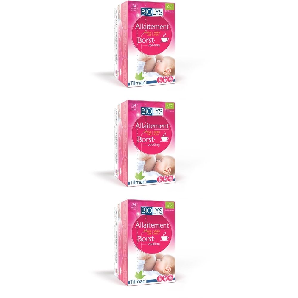 Trois boîtes BIOLYS Allaitement, emballage rose avec illustration de bébé. Texte : Allaitement, Borst-voeding.
