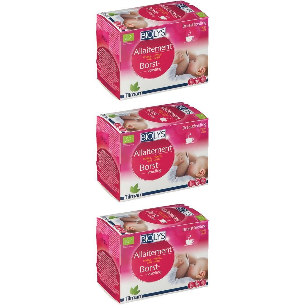 Trois boîtes BIOLYS roses. Texte et image d'allaitement. Inscription : Allaitement, Borst-voeding, allaitement.
