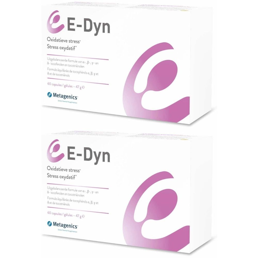 Deux boîtes blanches avec impression du produit. Logo et texte E-Dyn en haut à gauche. Texte en dessous : Stress oxydatif.