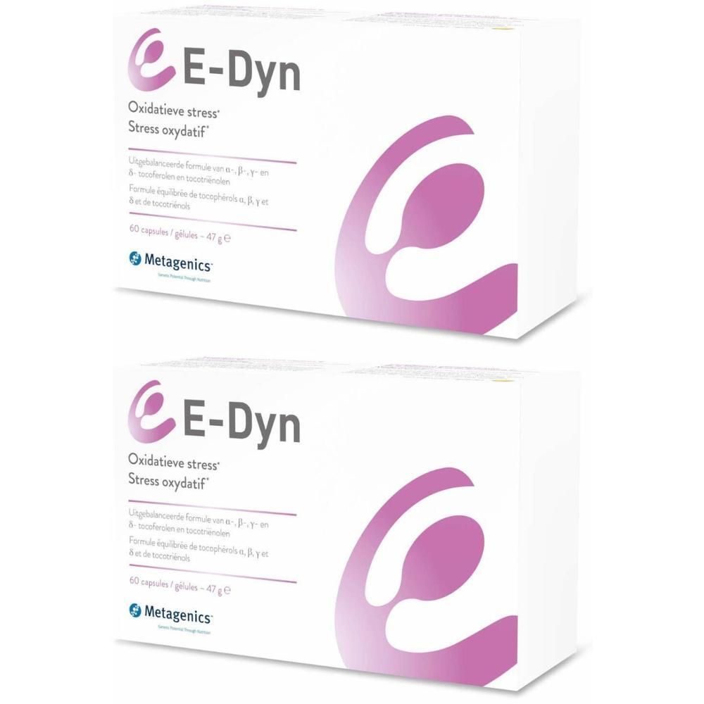 Deux boîtes blanches avec impression du produit. Logo et texte E-Dyn en haut à gauche. Texte en dessous : Stress oxydatif.