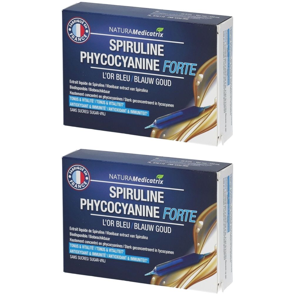 Deux boîtes de NATURAMedicatrix Spiruline Phycocyanine Forte. Emballage bleu avec nom du produit et drapeau français.