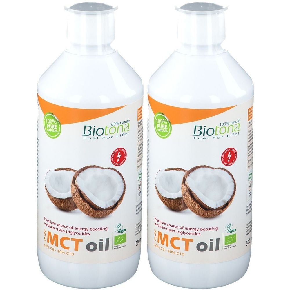 Deux bouteilles d'huile MCT Biotona. Bouteilles blanches avec étiquettes, illustrations de noix de coco et texte. Vegan.