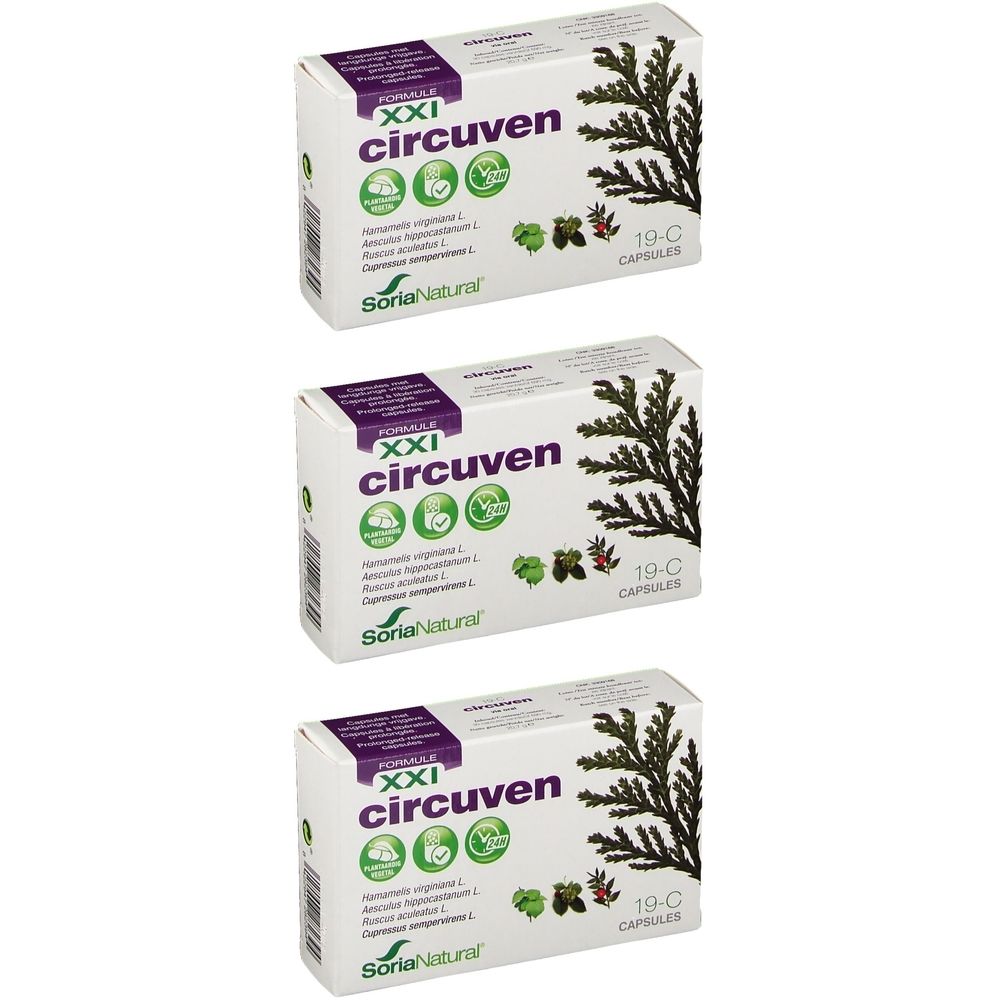 Trois boîtes de Soria Natural Circuven XXI. Emballage blanc avec nom du produit, éléments verts et 19-C Capsules.