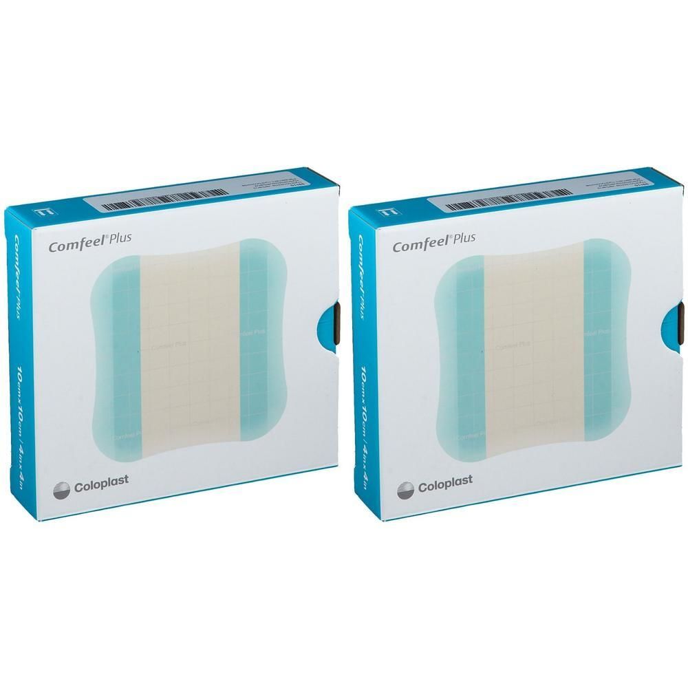 Deux boîtes de pansements Comfeel Plus. Boîtes rectangulaires avec image du produit. Marque et logo en bas à gauche.