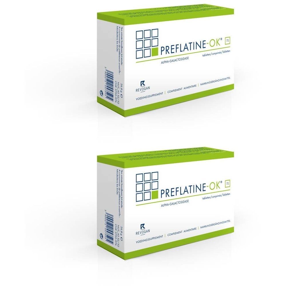 Deux boîtes de Preflatine-OK. Boîte blanche avec dessus vert. Inscription : PREFLATINE-OK, Alpha-galactosidase, complément alimentaire.