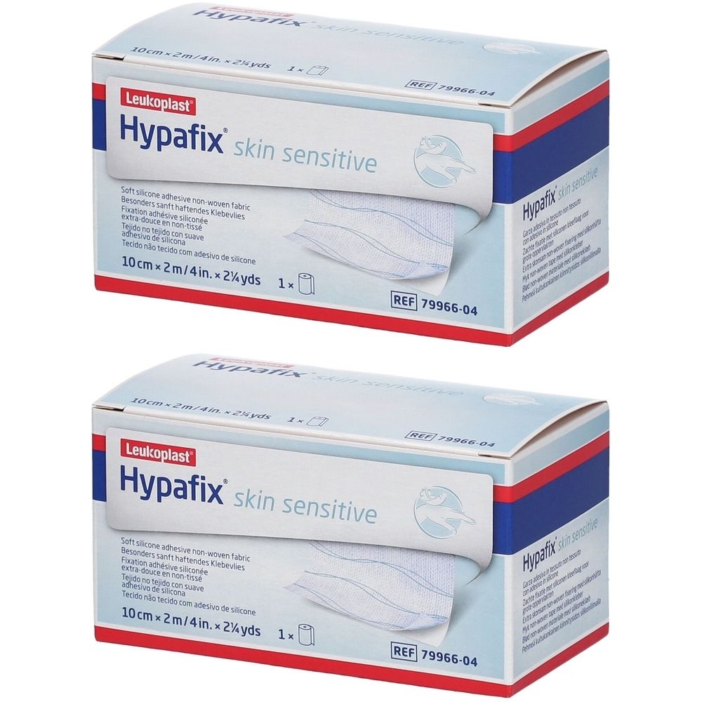 Deux boîtes de Hypafix skin sensitive. Emballages avec informations et logo. Rouleau 10cm x 2m visible.
