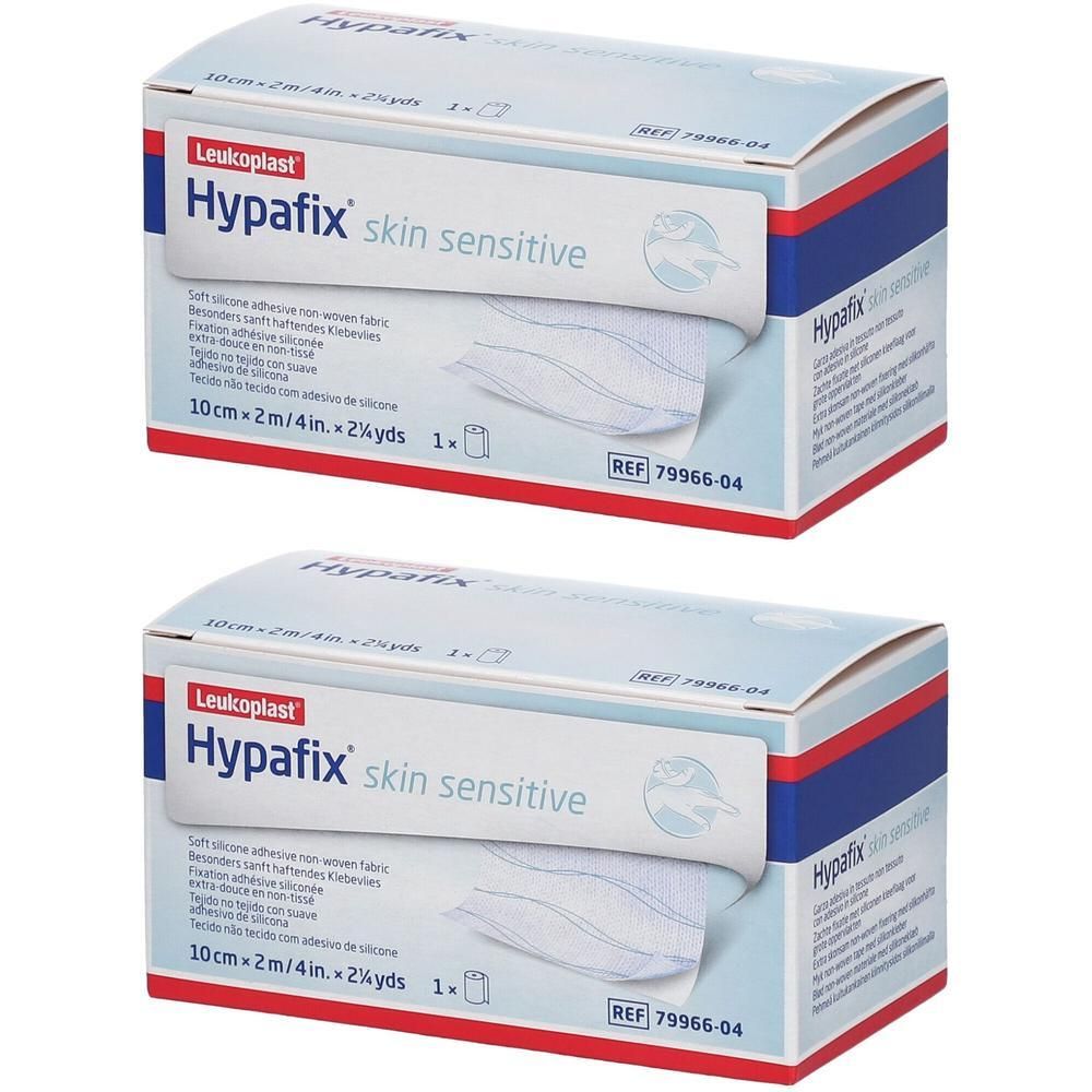 Deux boîtes de Hypafix skin sensitive. Emballages avec informations et logo. Rouleau 10cm x 2m visible.