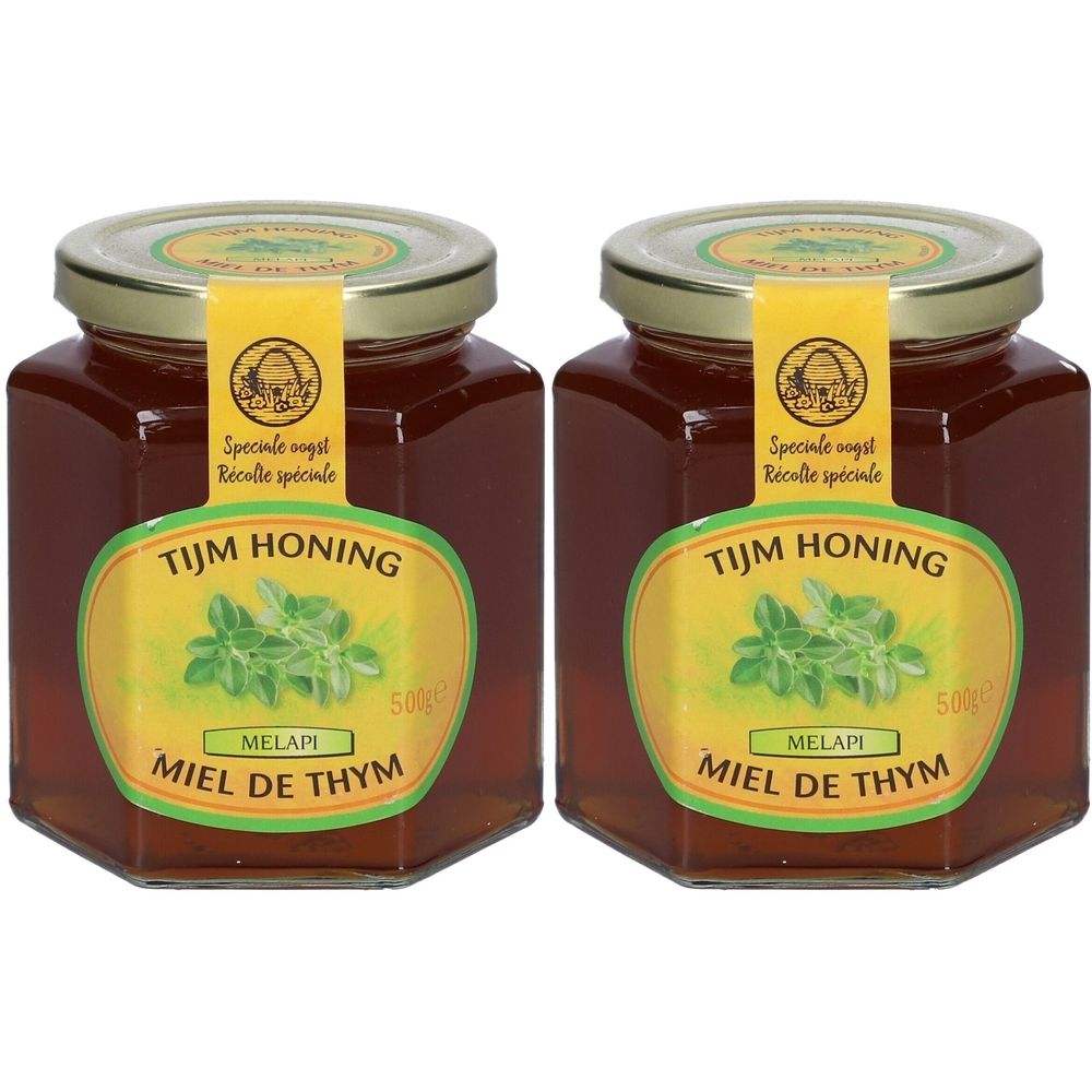 Deux pots de miel de thym. Forme hexagonale, couvercle doré, étiquette jaune avec motif végétal et texte.