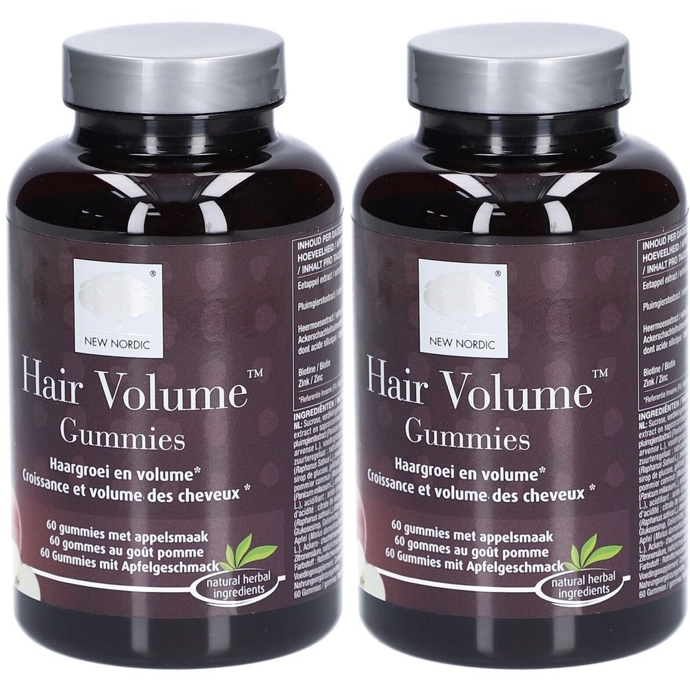 Deux flacons de New Nordic Hair Volume Gummies. Flacons bruns avec couvercles argentés. Inscription : Hair Volume Gummies, 60 gommes.