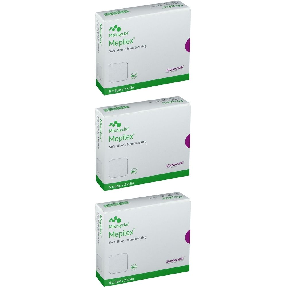 Trois boîtes de pansements Mepilex. Chaque boîte porte le nom Mepilex, la taille 5cm x 5cm et le logo Mölnlycke.