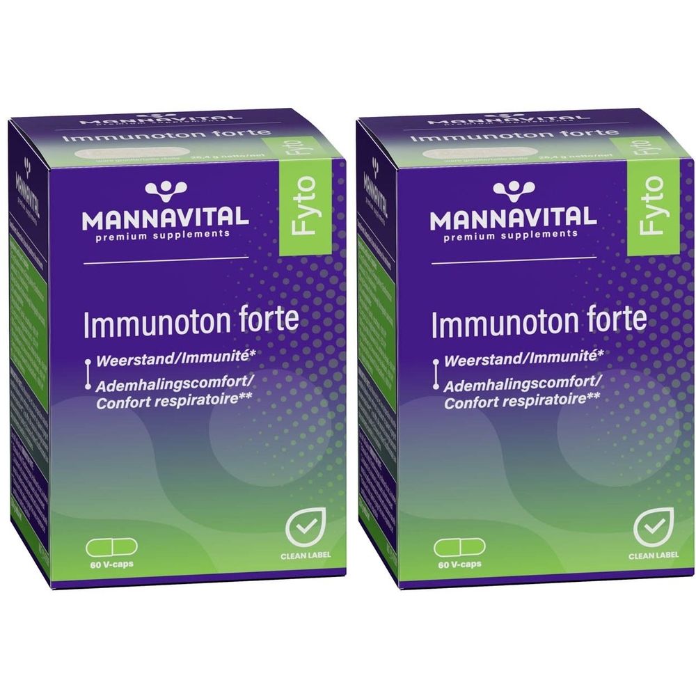 Deux boîtes de Mannavital Immunoton Forte. Emballage violet et vert avec nom du produit et informations.