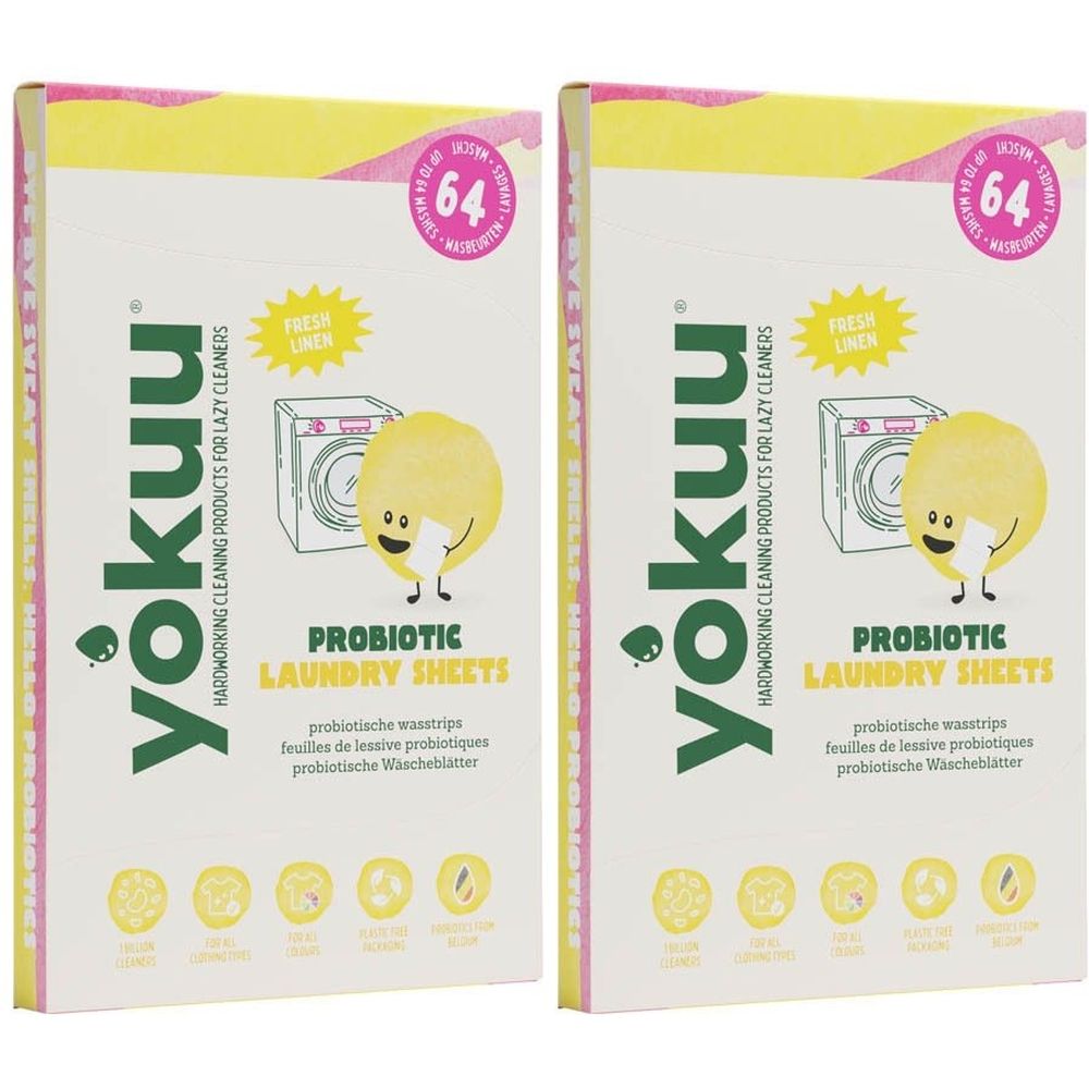 Deux boîtes de feuilles de lessive YOKUU®. Blanches, accents jaunes et roses. Texte : "Probiotic Laundry Sheets", "Fresh Linen".