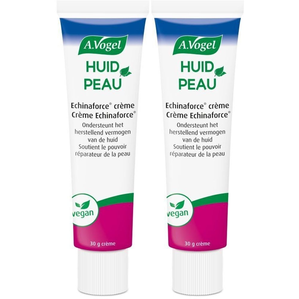 Deux tubes de crème A.Vogel Echinaforce. Inscription blanche, bleue et rose. Label vegan. 30 g.