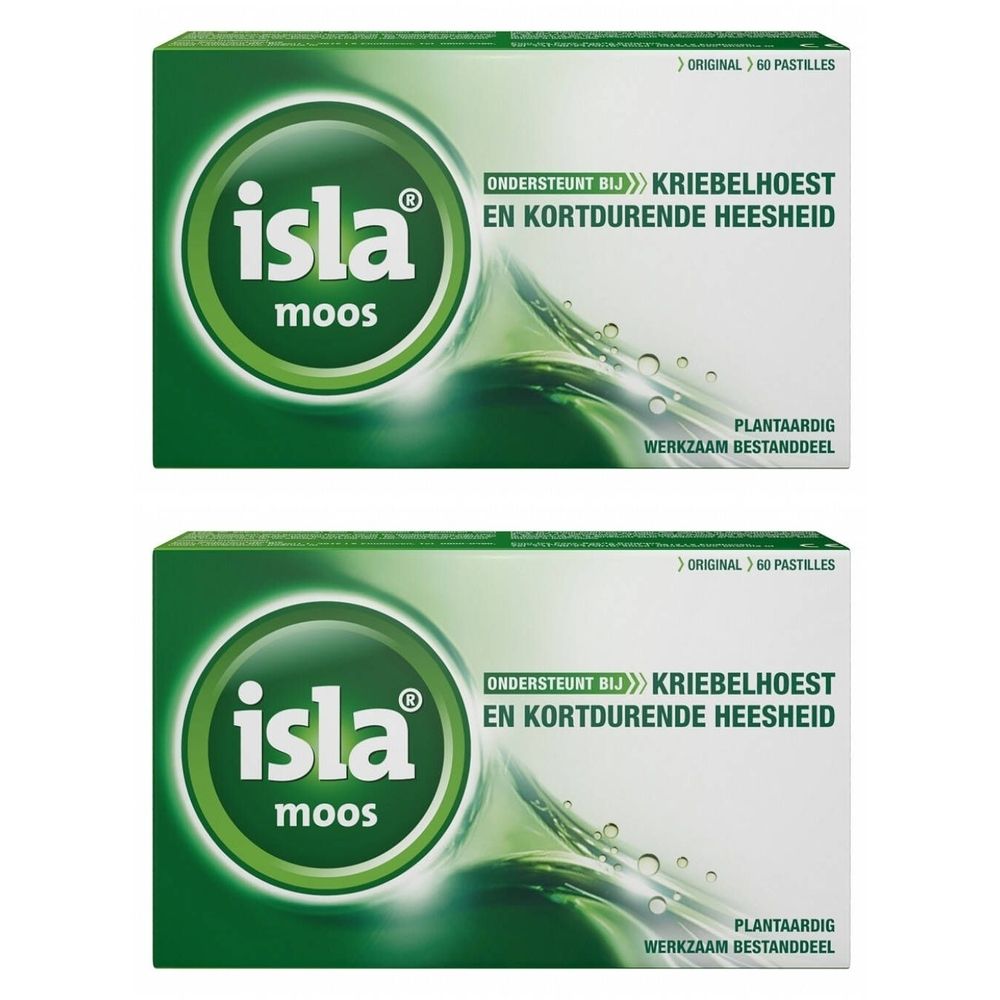 Deux boîtes d'Isla Moos. Emballage vert et blanc avec logo et texte. Contient 60 pastilles.