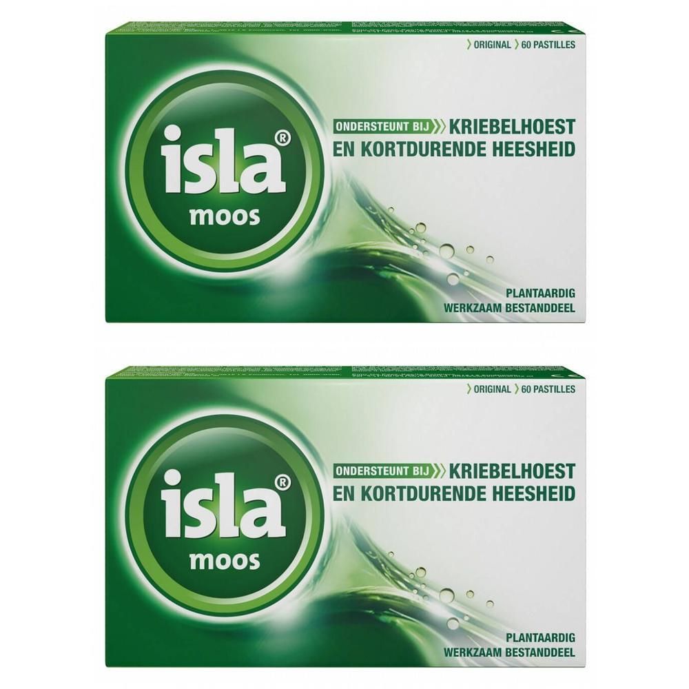 Deux boîtes d'Isla Moos. Emballage vert et blanc avec logo et texte. Contient 60 pastilles.