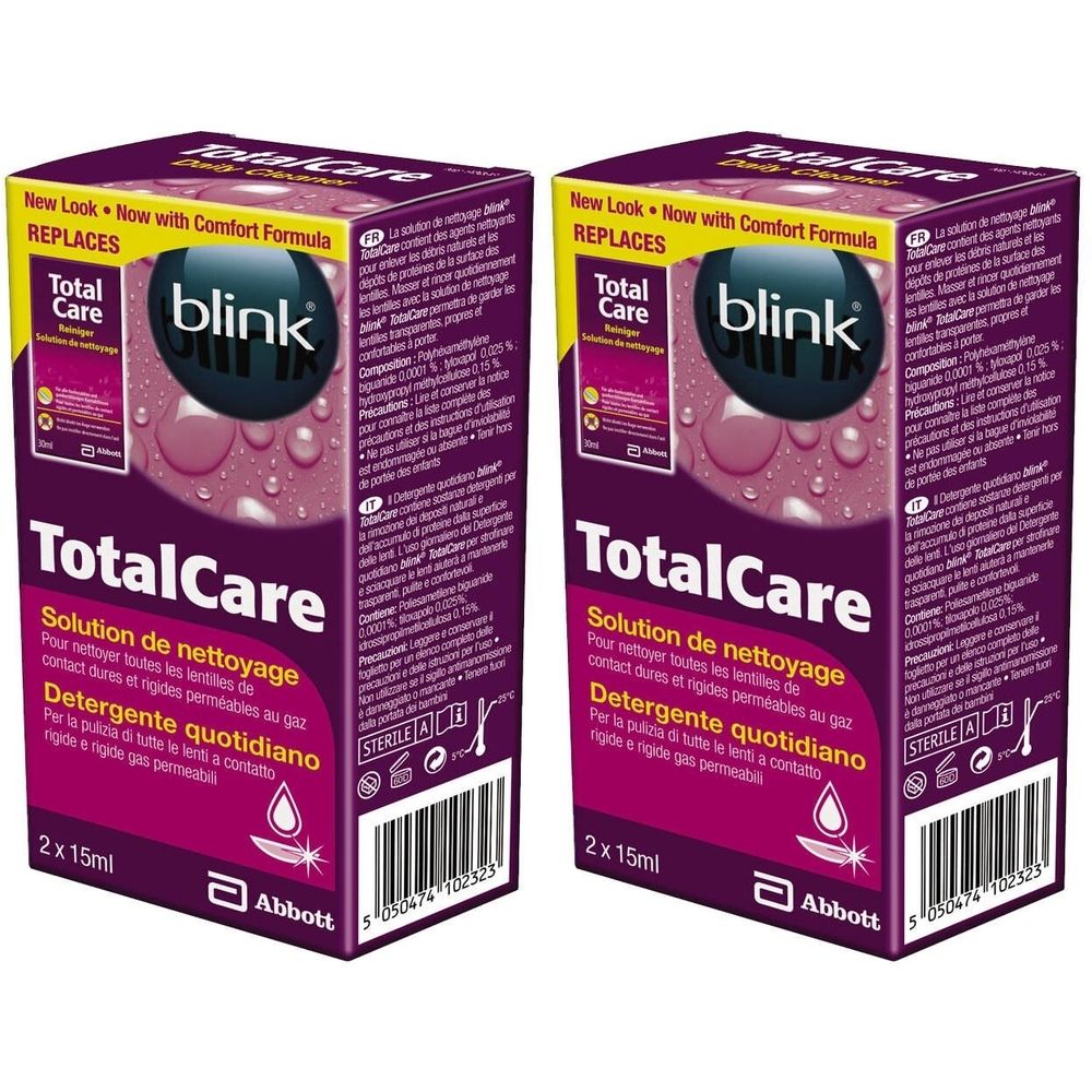 Deux boîtes de Blink TotalCare. Emballage violet avec nom et logo du produit. 2 x 15ml.