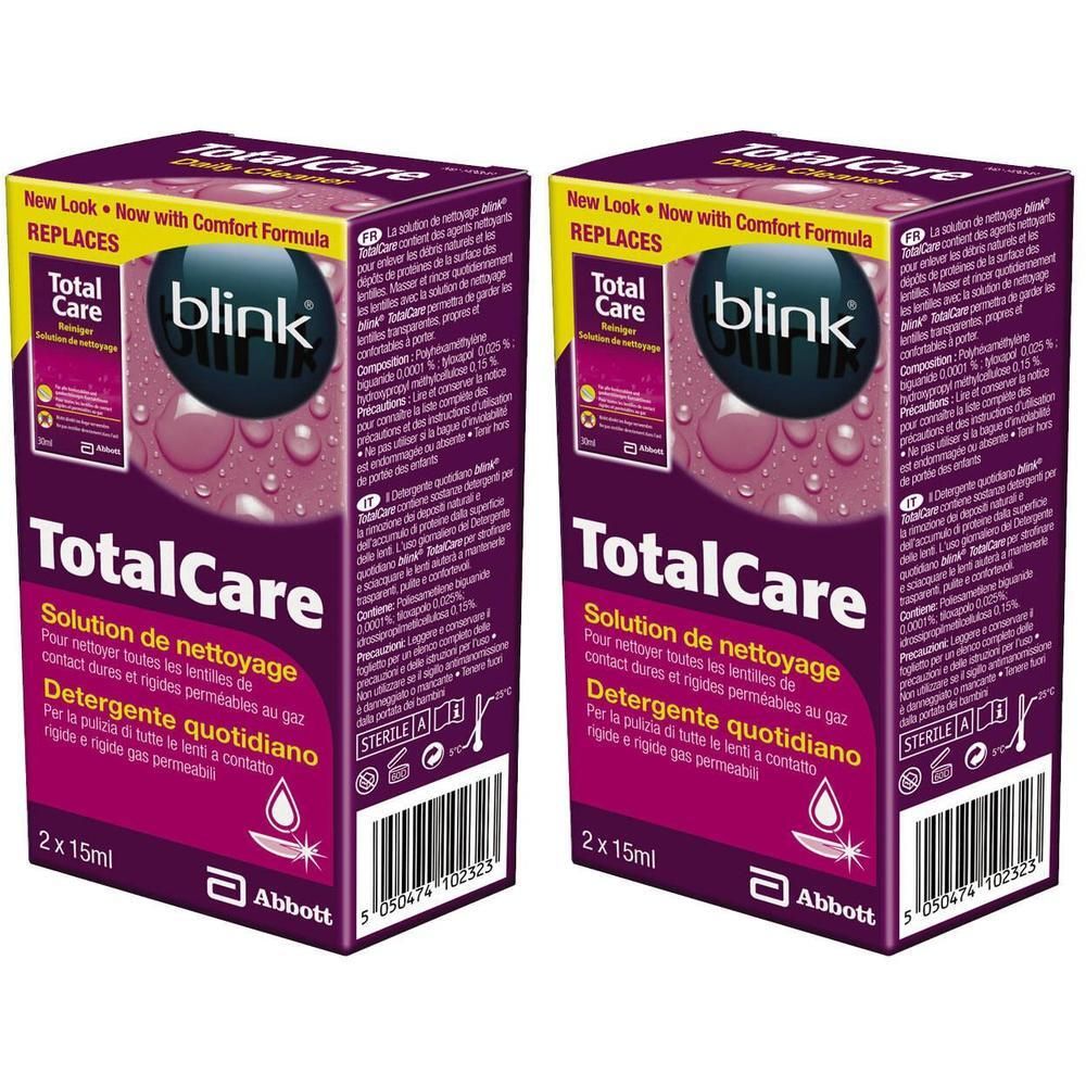 Deux boîtes de Blink TotalCare. Emballage violet avec nom et logo du produit. 2 x 15ml.