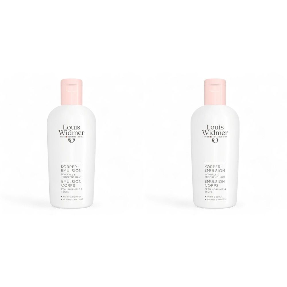 Deux flacons Louis Widmer Emulsion Corps. Flacons blancs, bouchons roses. Texte visible.