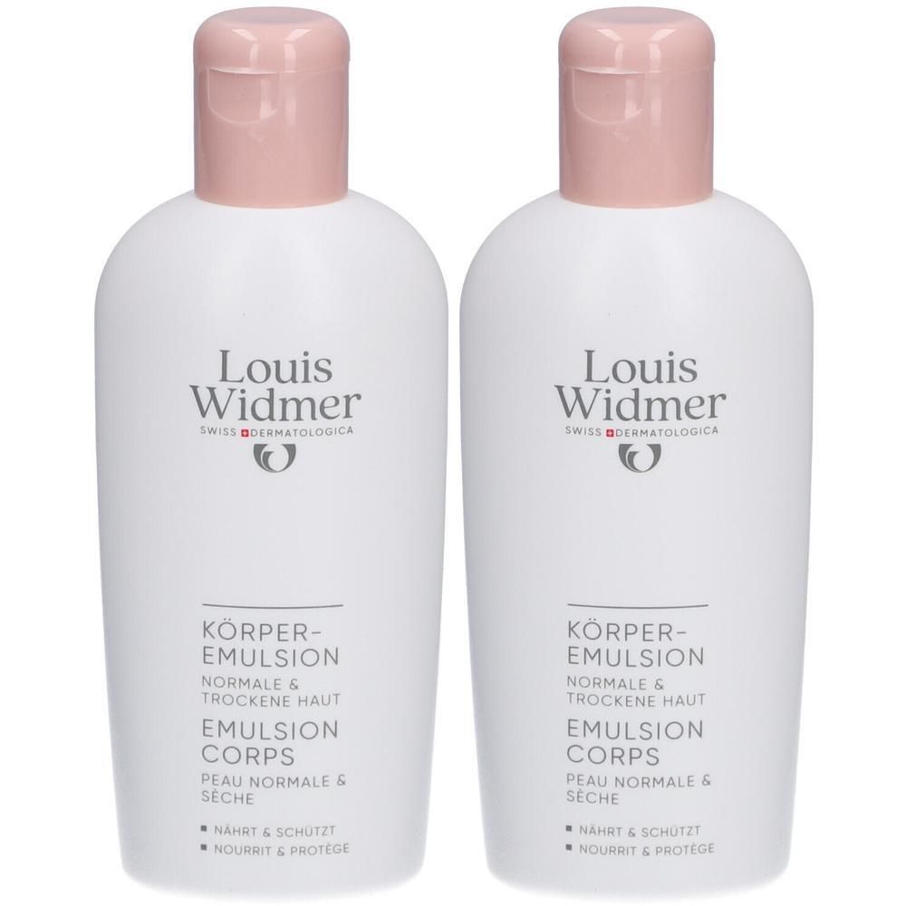 Deux flacons Louis Widmer Emulsion Corps. Flacons blancs, bouchons roses. Texte: Emulsion Corps, Peau normale & sèche.