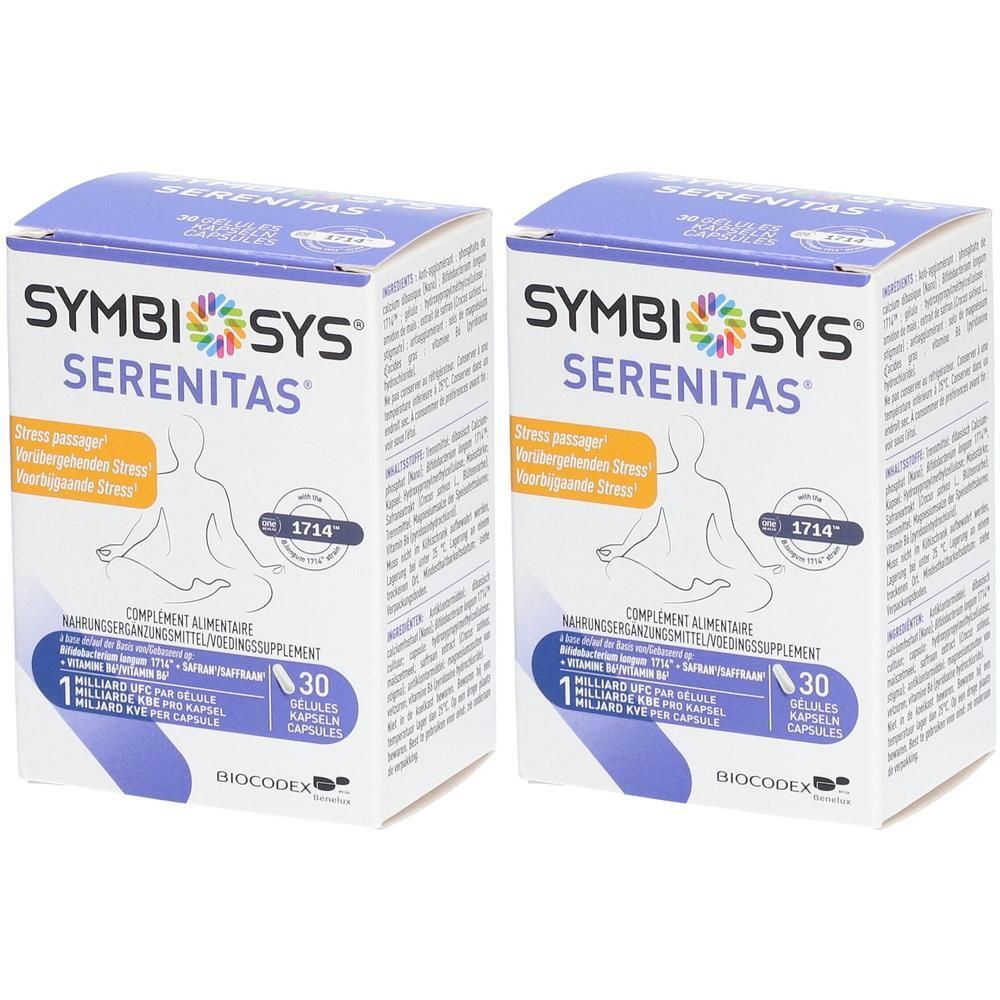 Deux boîtes Symbiosys Serenitas. Emballage bleu et blanc avec nom et logo du produit. Contient 30 gélules.