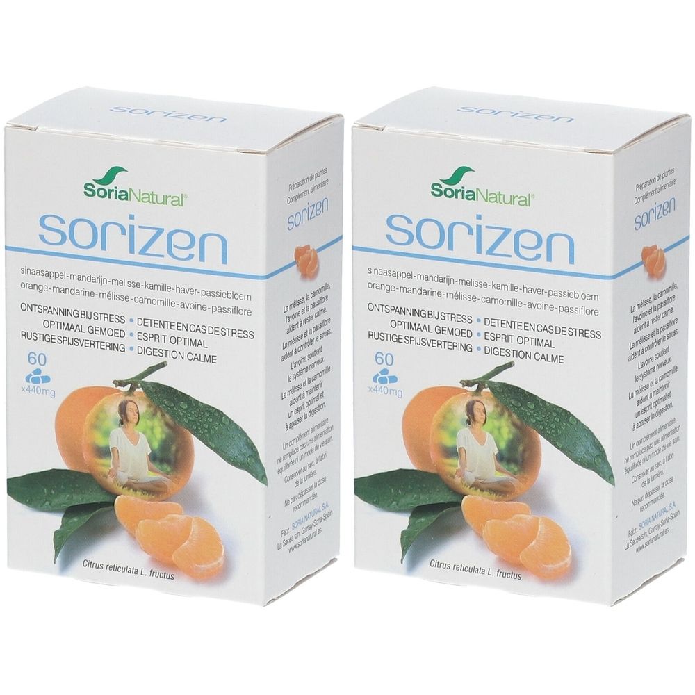 Deux boîtes de Soria Natural Sorizen. Blanches, avec nom du produit et image de mandarines. 60 comprimés.